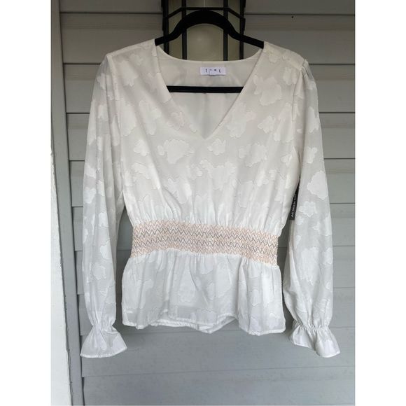 THML (Anthropologie) White V-Neck Floral Detail Peplum Blouse, Size Medium - Picture 1 of 8